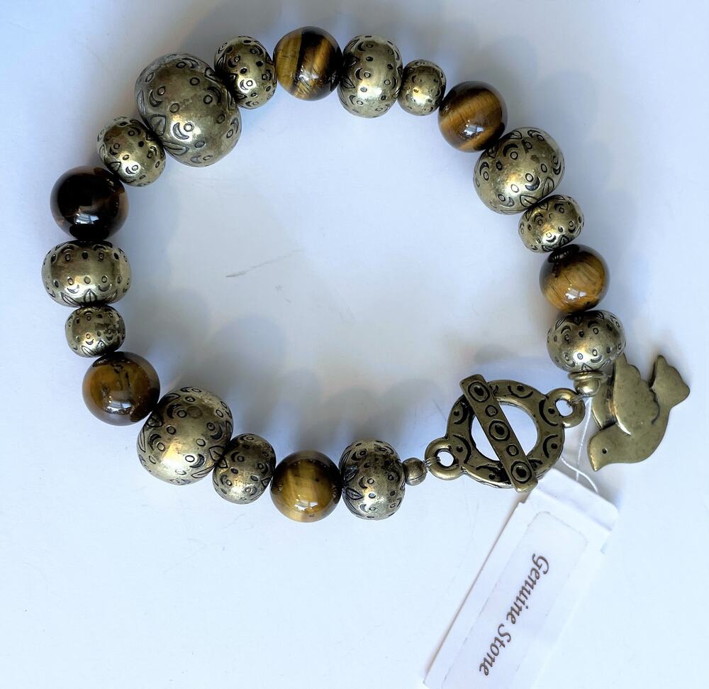 Brass and Brown Genuine Stone Stretch Bracelet Dove Hanging Charm NWT